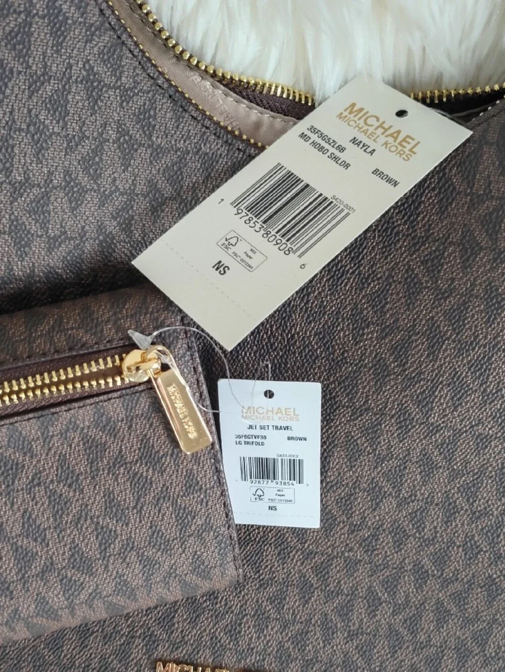 Michael Kors Nayla Brown Monogram Shlder Hobo with Wallet Set NWT